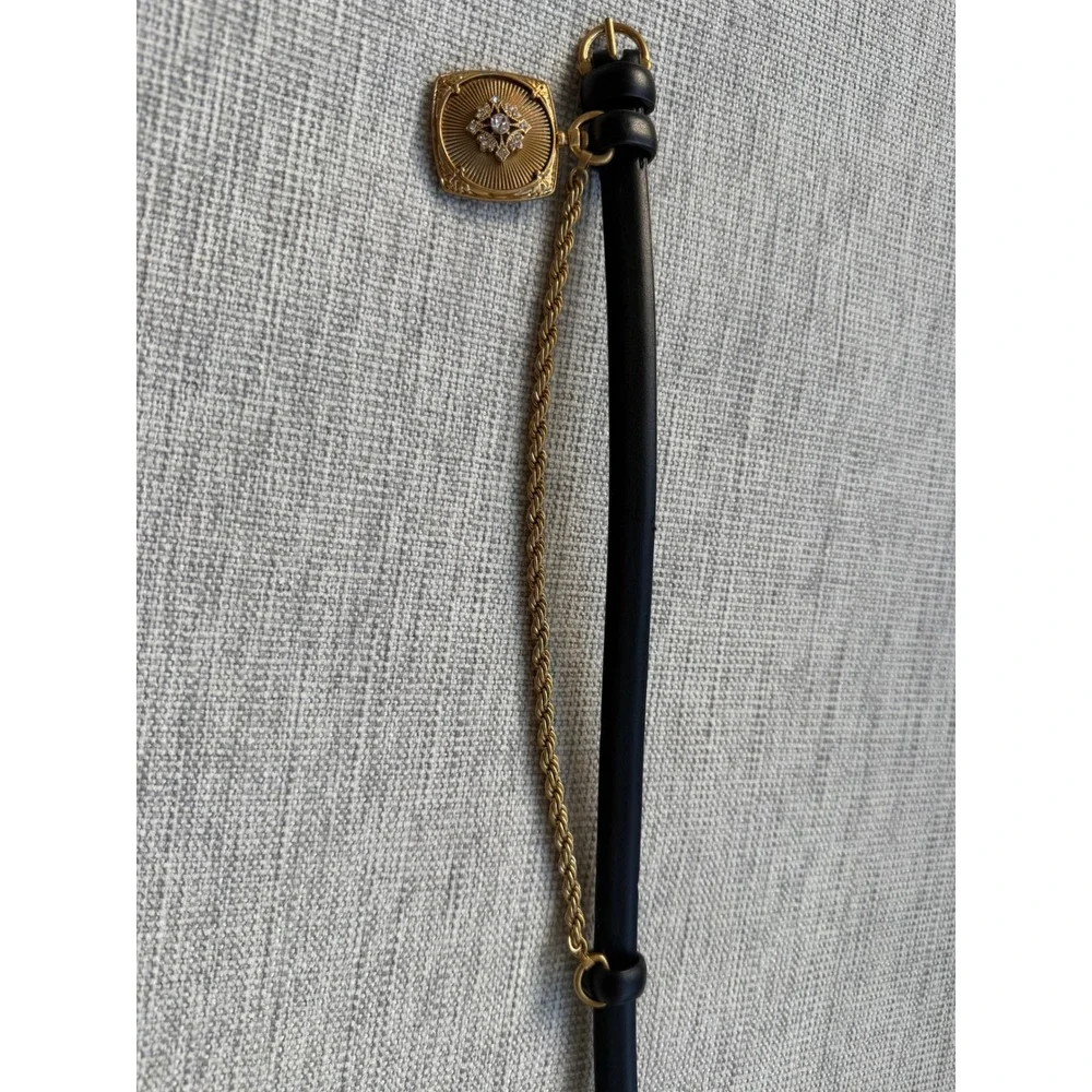 Zara Black Skinny Belt Gold Rope Chain Square Locket Pendant Rhinestone 85 NWT
